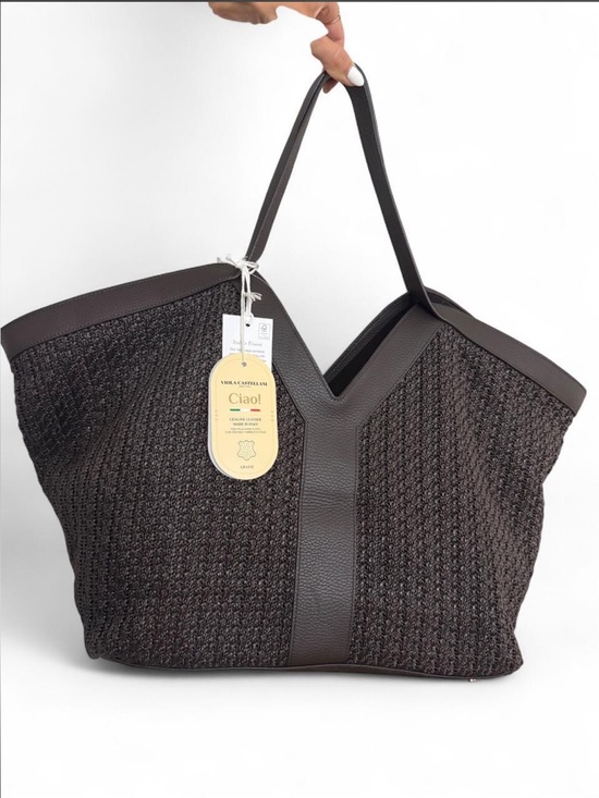 Viola Castellani Handbags - Viola Castellani Leather and Straw Large Chocolate Brown Raffia Tote